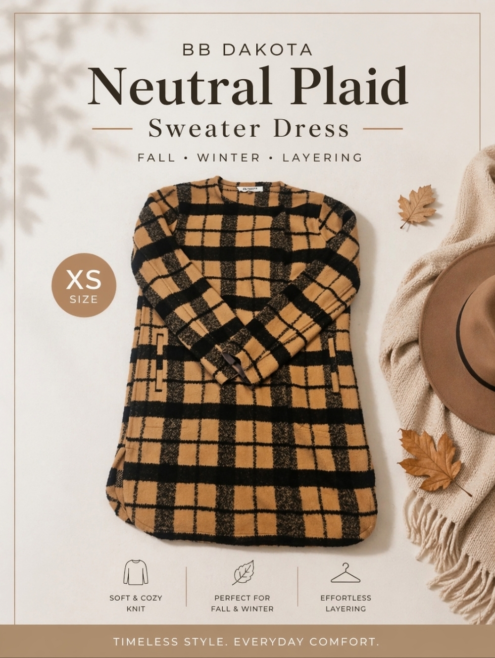 BB Dakota Neutral Plaid Sweater Dress XS Fall Winter Layering